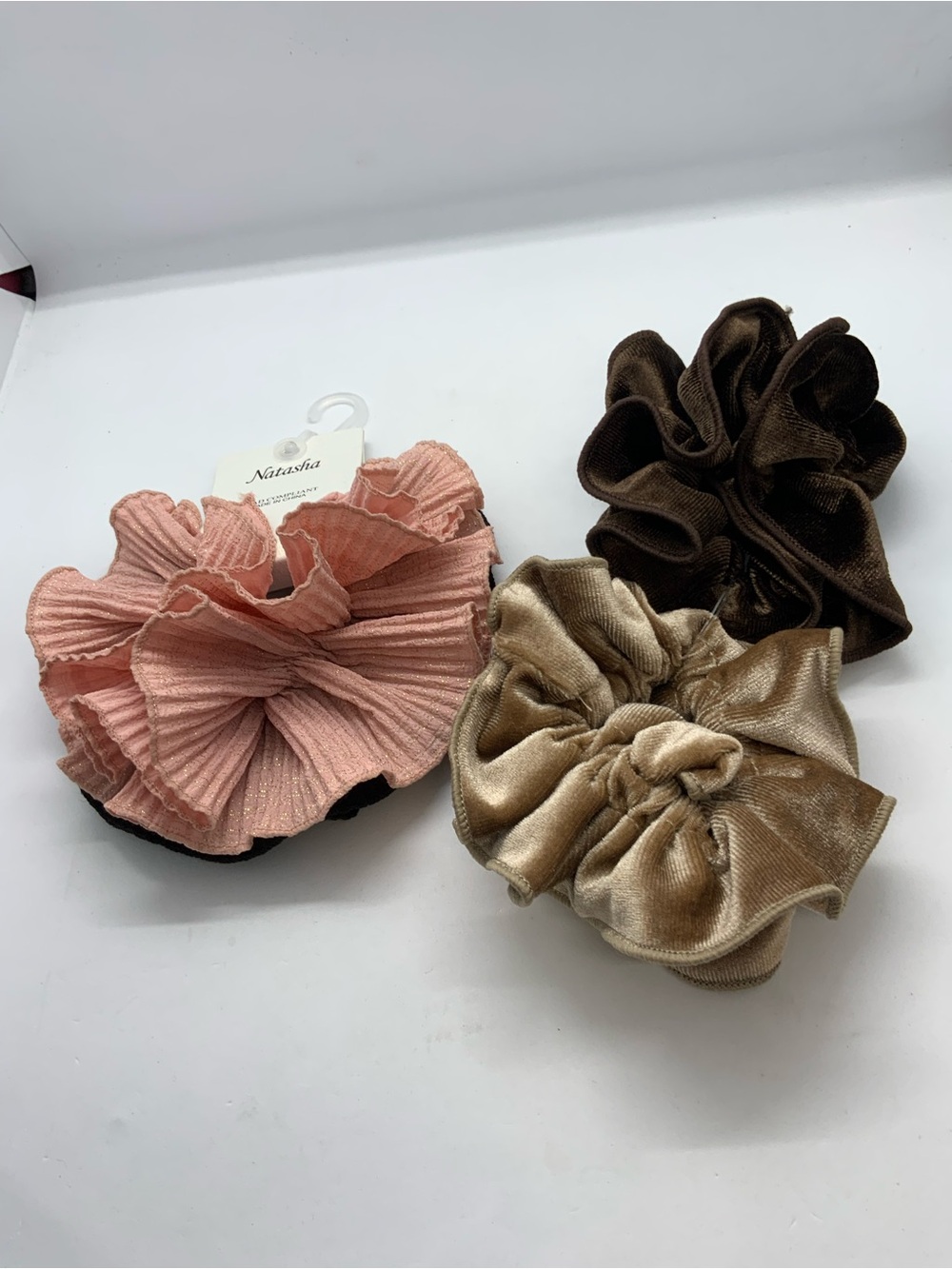 Natasha Couture Kids Ruffled Velvet Scrunchie Trio - Pink, Gold, Brown